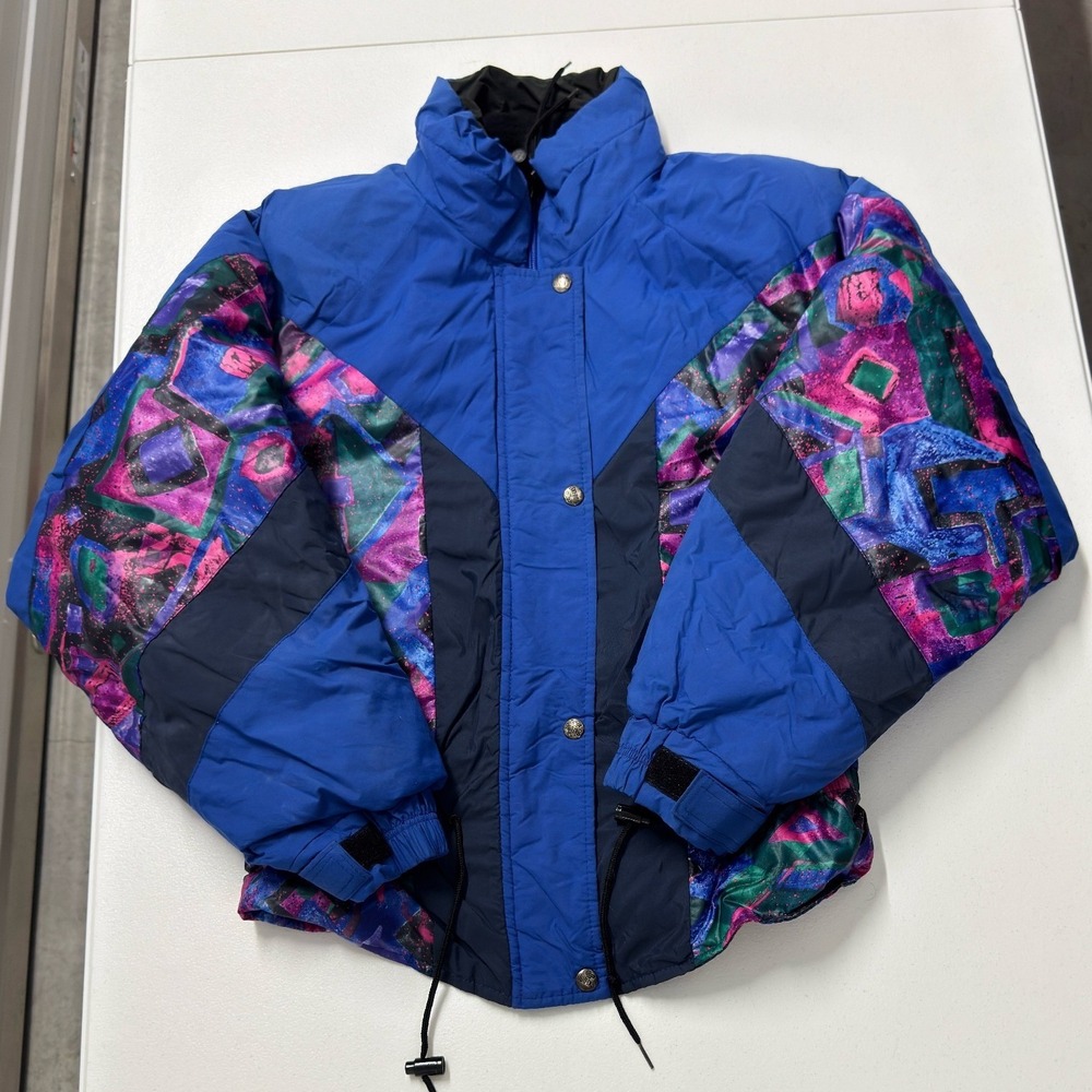 Ski-Doo Bombardier Puffer Jacket womans M Blue Vintage 90s Geometric Ski Coat